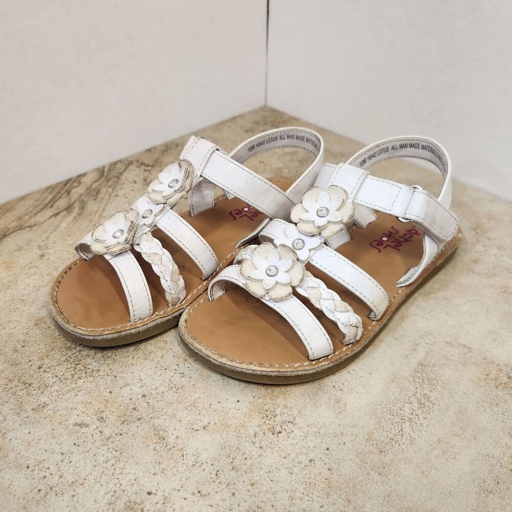 Rachel Shoes Girls US 10M White Strappy Sandals Flower Braided Hook & Loop